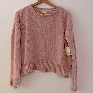 Altar'd State Soft Pink Chenille Crew Neck Sweater with Scallop Hem